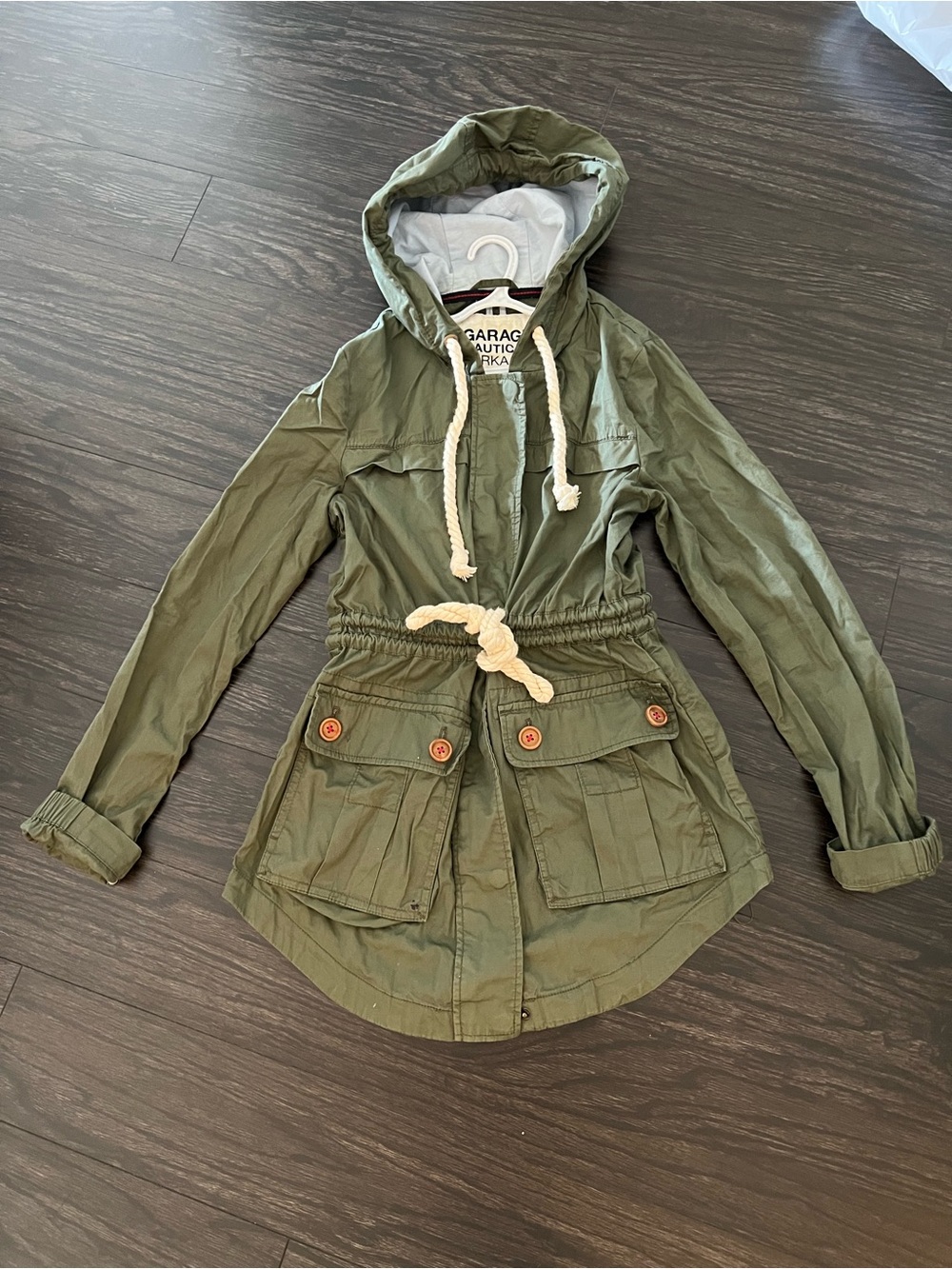 Garage Olive Utility Hooded Jacket with Rope Drawcord
